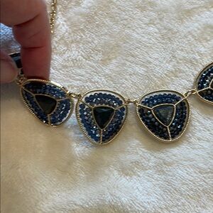 Vintage Blue and Gold Geometric Necklace with Triangular Pendants